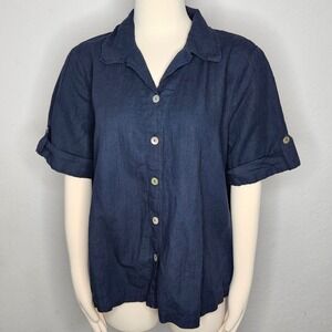Hot Cotton Navy Linen Cotton Blend Roll Tab Sleeve Collared Button Up Shirt XL